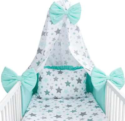 Produktbild von Amilian Babybettwäsche Set 7-teilig – Bettwäsche 100x135 cm, Kissen 40x60, Himmel, Nestchen – für Babybett/Gitterbett – Komplettset für Neugeborene
