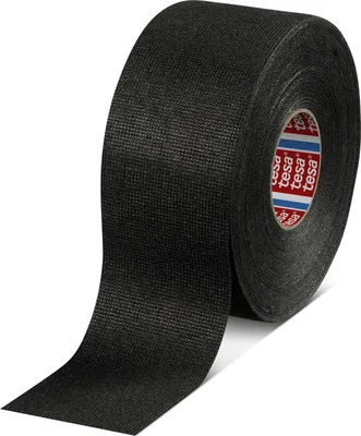A roll of black fabric tape is shown against a white background, with the tape unspooling diagonally across the frame.