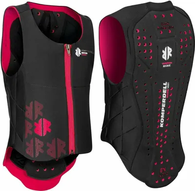 A black and pink Komperdell ballistic vest for juniors, shown from the front and back.