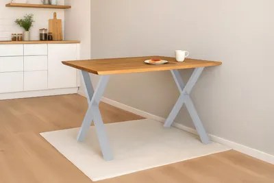Produktbild von Esstisch 120x80 cm Baumkante Eichenholz massiv geölt X-Gestell silber SALVADOR