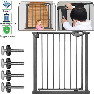 Produktbild von XINZI Treppenschutzgitter, Doppelschloss sicheres Metall-Türschutzgitter, Schwarz, 75-85 cm, Türgitter Klemmgitter | 90° Stop | Schließt automatisch