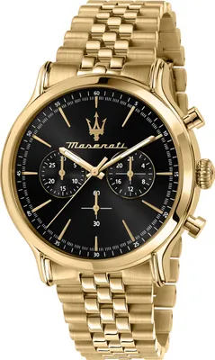 A close-up studio shot of a gold Maserati chronograph watch with a black dial.
