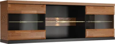 Produktbild von Hängeschrank 161x53x34 cm Eiche teilmassiv Walnuss/Schwarz mit LED, Push-to-open, 2 Antisol-Glastüren & 3 Glaseinlegeböden
