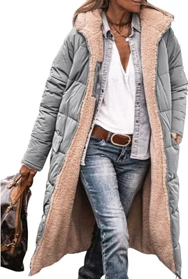 Produktbild von ASKSA Damen Lang Daunenmantel Warm Fleece Reversibel Winterjacke Kapuze Fleecejacke Daunenjacke Mantel, Silber, S