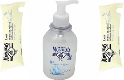 Produktbild von Le Petit Marseillais Flüssigseife mit Milch 300ml + 2x250ml Nachfüllpack – Sanfte Pflege