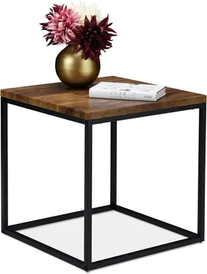 Image de Table d'appoint - Carrée - 45 cm - Style industriel - Table d'appoint pour salon et chambre - Métal - Aspect bois - Noir