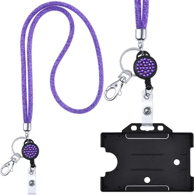 Produktbild von Ausweishülle Kartenhalter mit Jojo Schlüsselanhänger ausziehbar Kristall Lanyard LILA komplett mit Ausweis Halter Key Chain Schlüsselband Umhängeband