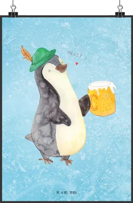 Produktbild von Mr. & Mrs. Panda Bild Pinguin Bier DIN A1 - Eisblau - Geschenk, , wanddeko, Kunstdruck, Beschwippst, Feierabend, Plakat, drucke, Wandbild