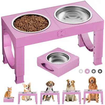 Image de Distributeur de nourriture pour chiens surélevé, avec 5 niveaux de hauteur, bols en acier inoxydable et base antidérapante