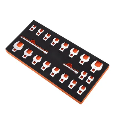 Zdjęcie produktu dla Zestaw kluczy trzpieniowych - napęd 3/8'' - 20-częściowy zestaw kluczy trzpieniowych + 2 przedłużki i organizer EVA - SAE 3/8-7/8'' i metryczne 10-22 mm - materiał 40CR.