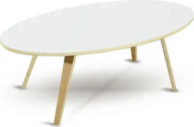 A white oval coffee table with light wood legs, isolated on a white background.