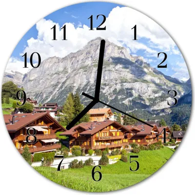 Produktbild von Glasuhr Wanduhr Küchenuhr Echt-Glas 30fi cm Berge mehrfarbig