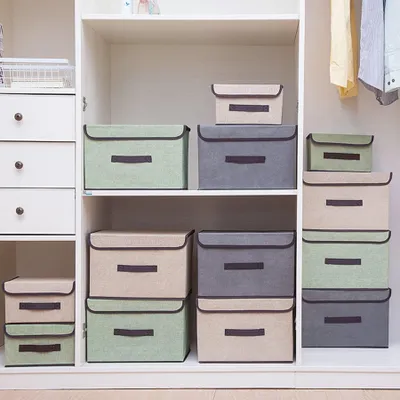 Obrázek produktu pro Omgoods – Úložné boxy, 12 kusů – Skládací – S víkem – Organizér oblečení – Úložný systém – Dvojité madlo – Úložné koše