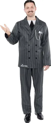 A man is posing in a pinstripe suit.