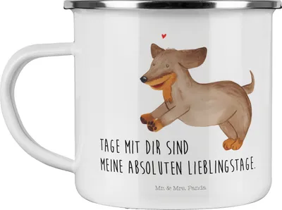 Produktbild von Mr. & Mrs. Panda Teetasse Hund Dackel - Weiß - Geschenk, Sprüche, Pott, Haferl, Braun, becher emaille, Hunde, Herz, Teebecher, Tasse