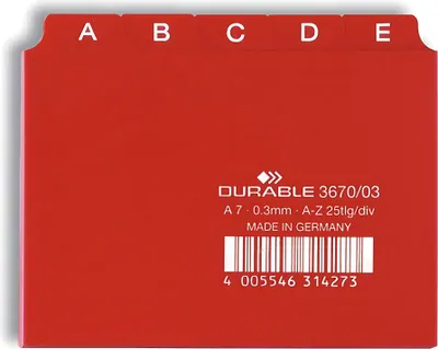 Obrázok produktu pre Kartotéka DURABLE A - Z, PP, A7 na šírku, červená, 25 ks