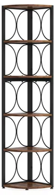 Image de Étagère d'angle, bibliothèque - Étagère haute à 6 niveaux - 155 cm - Bibliothèque rustique pour salon - Rangement optimisé - Couleur : marron