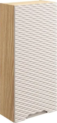 A tall, narrow cabinet with a textured white door and a wooden side panel, shown against a white background.