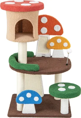 A mushroom-themed cat tree with multiple levels and scratching posts.