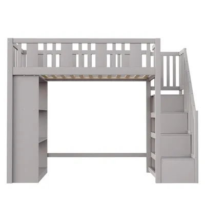 Obrázek produktu pro okwish patrová postel 90x200 s úložnými schůdky, dětská postel s několika velkými úložnými prostory, funkční postel bez matrace, šedá