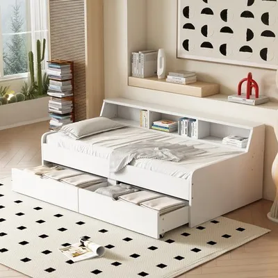 Produktbild von Odikalo Schlafsofa Sofabett Tagesbett Einzeln 2 Schubladen Armlehnen Staufach 90x200 weiß