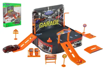 Image de Garage Welly + voiture Welly Porsche (métal/plastique) dans une boîte de 21 x 25 x 5,5 cm