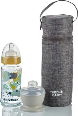 Image de Porte Biberon Isotherme Thermobaby, 1L Capacité, Gris Chiné, Poignée de Transport
