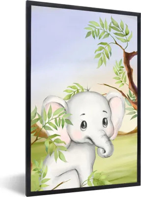 Produktbild von MuchoWow® Gerahmtes Poster Dschungel - Elefant - Tiere 60x90 cm - Poster mit Schwarzem Bilderrahmen Wandposter Rahmen Foto Bilder - Kunst
