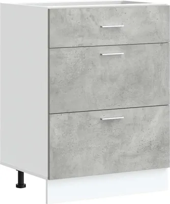 A white and concrete-effect kitchen base cabinet with three drawers.