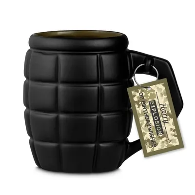 A black grenade-shaped mug with a tag attached to the handle.