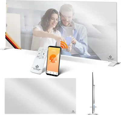 A collage of images showing a modern infrared heater with a mirror finish, a remote control, a smartphone app interface, and a couple interacting with the heater in a living room setting.