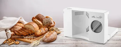 Produktbild von Univerzálny krájač ETA Tempo, skladací krájač na chlieb s výkonom 120 W, elektrický, malý a kompaktný, hrúbka rezu 0-20 mm, nôž Solinger vyrobený v Nemecku