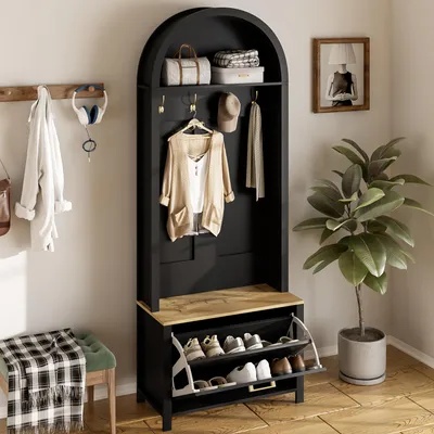 Produktbild von MODFU Kompaktgarderoben Garderobenset mit Ablagefläche und Haken,Garderobenschrank mit Schuhfach,Eisenfüße und Schuhschrank,Schwarz