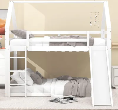 Produktbild von Fortuna Lai Hochbett 140x200cm,Doppelbett Kinderbett Hausbett Etagenbett mit Rutsche und Leiter, Kinderzimmer Hoch-Doppel-Stockbett (Weiß)