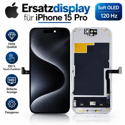 Produktbild von Soft-OLED Display Touchscreen Bildschirm Schwarz für iPhone 15 Pro 120Hz. Ersatzdisplay, KI-generiertes Bild