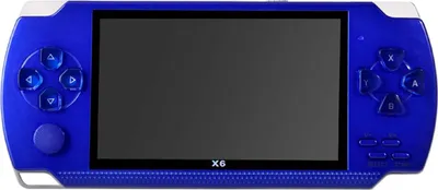 A blue portable gaming console is shown against a white background.