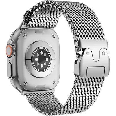 Produktbild von FFO2World Milanese Armband für Apple Watch mit Fallschirmverschluss (Silber) – 42（S1/S2/S3）-44-45-49mm Damen/Herren