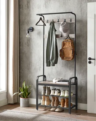 Produktbild von VASAGLE Garderobenständer, Garderobe, Schuhregal mit Sitzfläche, Kleiderständer mit 9 abnehmbaren Haken, Sitzbank, 2 Gitterablagen, 183 cm hoch, Industrie-Design, greige HSR40MB