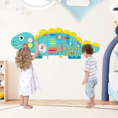 Obrázek produktu pro COSTWAY Aktivní stěna s dinosaury pro batolata, 11 v 1 Montessori dřevěná senzorická stěna pro vzdělávání a raný vývoj, centrum pro učení