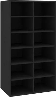 A black shoe rack with multiple compartments.