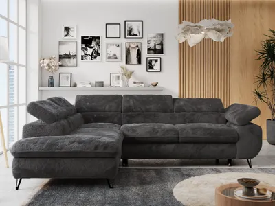 Produktbild von Ecksofa Sofa Anthrazit, Wohnlandschaft L-Form mit Schlaffunktion und Bettkasten, Schlafsofa mit Bettkasten, Sofa mit Einstellbare Kopfstützen, Peter L - Anthrazit Plüsch - Links Anthrazit