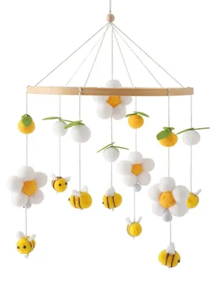 Produktbild von Baby Mobile Bettglocke Blumen Holz mit Filzbällen Gelb