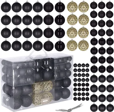 Obrázok produktu pre SPRINGOS gule na stromček, 100 ks, _ 6,4,3 cm, vianočné, nerozbitné, trblietky, matné, vianočná dekorácia (čierna, zlatá)