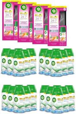 Produktbild von Air Wick Freshmatic Max – Starter-Set mit 4 Geräten und 28 Nachfüller – Batteriebetrieben – Duft: Baumwolle & Weißer Flieder – 24 x 250 ml Nachfüller Sommervergnügen – 4 x 250 ml Nachfüller + 4 x Gerät in Schwarz