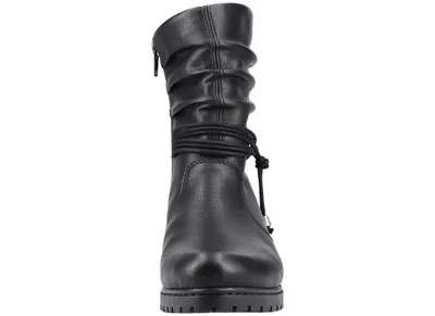 A front view of a black leather boot.
