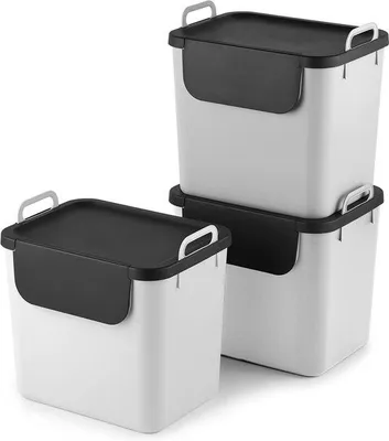 Zdjęcie produktu dla Zestaw do segregacji odpadów kuchennych z tworzywa sztucznego, 3 x 30 l, biały, 39,8 x 29,8 x 50,1 cm