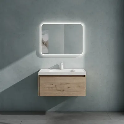 Produktbild von doporro Badmöbelset Waschbecken-Unterschrank mit Soft-close in Eiche Greige für Badezimmer 80x50X40cm inkl. Mineralguss-Waschbecken und LED-Spiegel Salerno