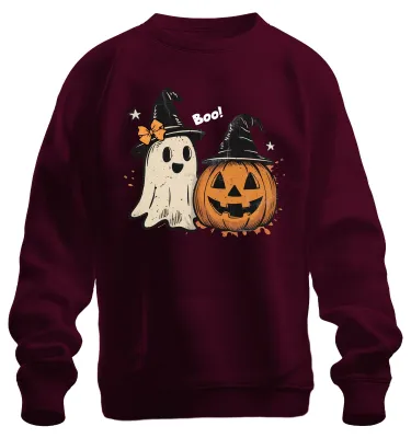 Productafbeelding van Boo Halloween pompoen spook, schattig, met een heksenhoed, retro, vintage sweatshirt, trui, bordeauxrood, XXL