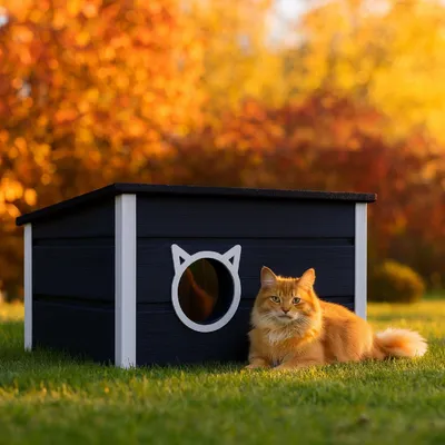 Produktbild von QLS Isoliertes Katzenhaus aus Holz 73×52×38cm mit Vorhang Wetterfest Dunkelgrau 11388