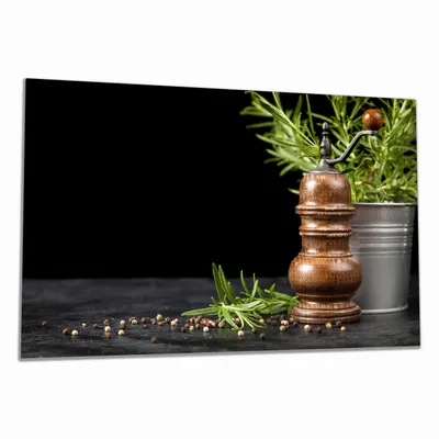 Produktbild von Wallario Herdabdeckplatte aus Glas, Größe 80 x 52 cm 1-teilig, Motiv Pfeffermühle mit Rosmarin